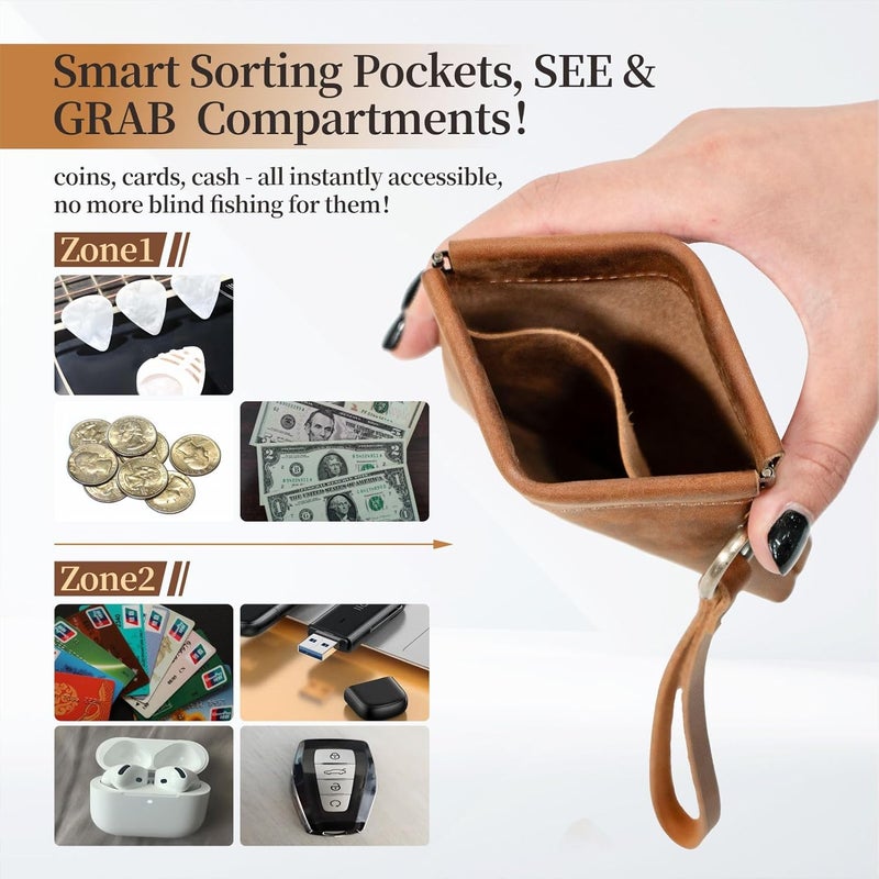 Aesthestyle Leather Coin Purse with Wristlet, Coin Pouch with Dual Interlayer, Card and Change Holder, Easy Clip on without Zipper, Squeeze Coin Wallet, Handmade Genuine Leather Wallet For Men/Women - Image 2